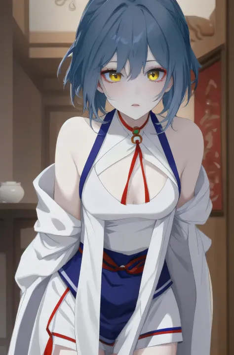 (masterpiece, best quality:1.2), 1girl, solo,blue hair, yellow eyes, taoist robe,white thights, red string, red choker
