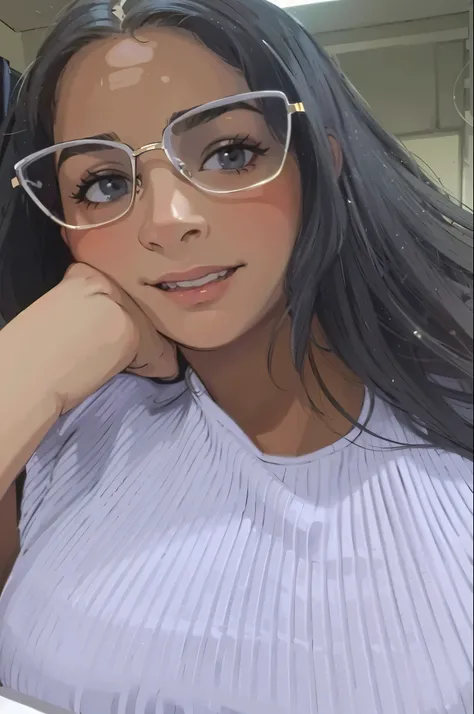 there is a woman with glasses sitting at a table smiling, Mulher de 26 anos, imagem frontal, taken at the beginning of 2020, profile picture with headshot, 26 anos de idade, imagem de qualidade 4k, with Violeta Myers glasses, 26 anos de idade