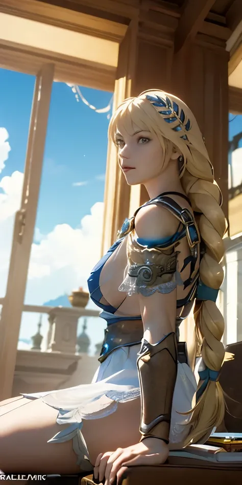 (masterpiece, best quality:1.3), Sophitia Alexandra, Soul Calibur, (cinematic angle:1.5), 28 years old, gold hair, braid hair,