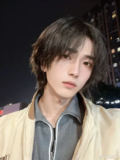 arafed man with a jacket and a tie standing in front of a building, cai xukun, with short hair, xintong chen, xision wu, yanjun chengt, androgynous face, 1 7 - year - old boy thin face, lulu chen, xue han, androgynous person, lu ji, chengyou liu