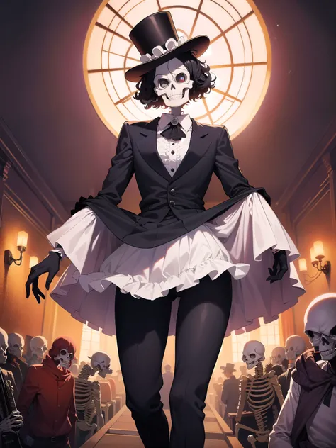 masterpiece, best quality,8k,highestres, absurdres, extremely detailed, brook(one piece), afro hair, solo, looking at viewer, an extremely tall skeleton dressed in formal attire complete with top hat and guitar, ((skeleton hands and body)),///,