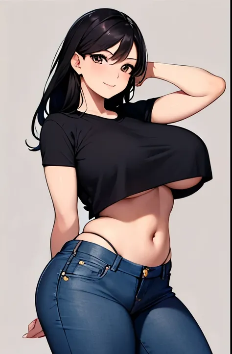 (best quality, masterpiece:1.2), Sketch full view of a hot looking fair skin 29 year old woman standing in front of us. She has brown eyes and long straight black hair. She has big breasts, playful smile. She has a nice curvy physique. She is wearing a cro...