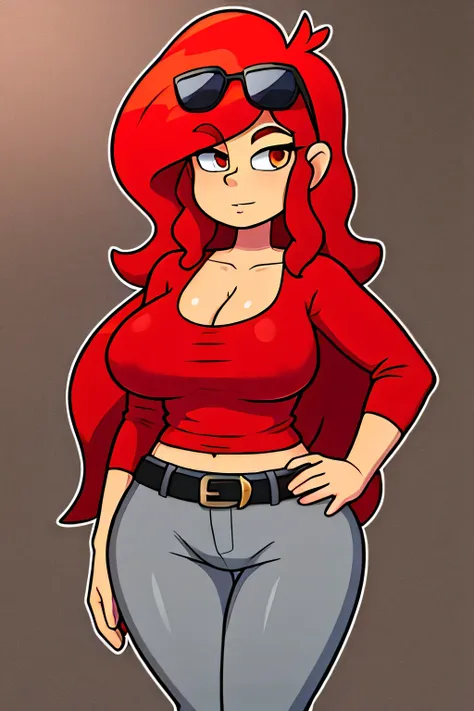 A tall sexy woman with light skin, big chest, wavy red hair, long fluffy red eyes, wearing sunglasses and wearing a ruby red top, wearing a transparent red shirt and her metallic gray pants, wearing a black belt with a big thigh and leg.