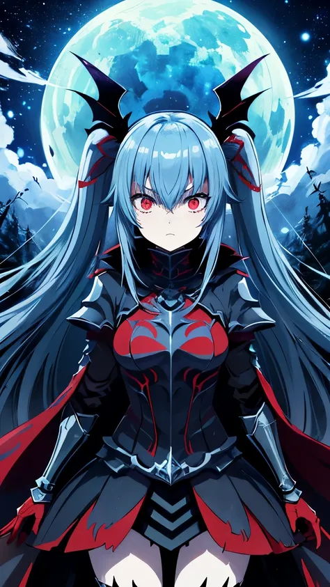 light blue long hair、Beautiful girl with twin tails、Dark Souls Silver Armor, Red Dark Soul Knight, The Joker by Tsutomu Nihei,(Strange but so beautiful:1.4),(masterpiece, highest quality:1.4),Nicola - Scary-faced villain、Standing next to a cute girl、In the...