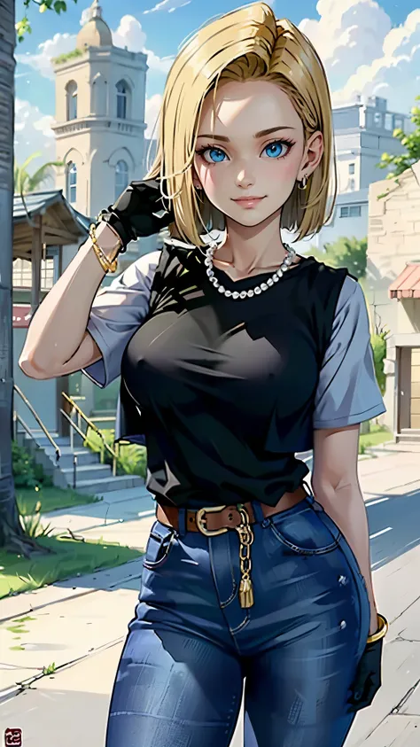 best quality, high-res, and18, 1girl, android 18, solo, blonde hair, blue eyes, belt, green jeans, pearl necklace, bracelets, black gloves, white shirt, short hair, short sleeves, earrings, green leggings, open vest, black vest, large breasts, cowboy shot,...