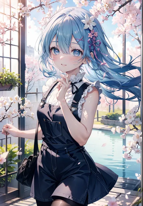 rezeroRem, Rem, blue eyes, blue hair, hair ornaments, hair above one eye, hair ribbon, long hair, x hair ornaments,happy smile, smile, open your mouth,skirt,Pink tank top shirt,bare arms,denim overalls,shorts,black tights,Mini Boots,cherry blossoms,cherry ...