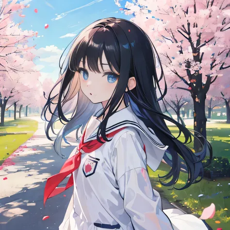 Icon, Anime girl, long hair, black hair, blue eyes, neutral expression, hair flying in the wind, School scenery, looking at the viewer, go flying in the wind, cherry trees, petals falling to the ground, neutral mouth.