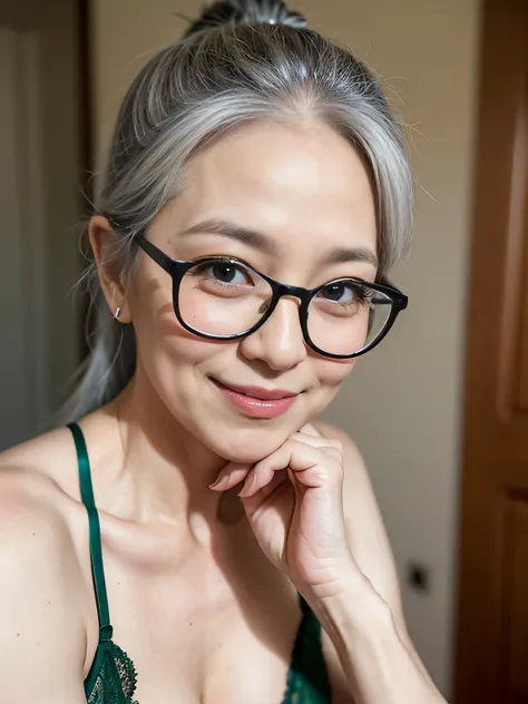 (65 years old:1.3),gray hair,(there are many wrinkles on her face:1.23),old woman,green erotic lingerie,smile,sexy posing,beautiful hip, ponytail hair, Wearing glasses