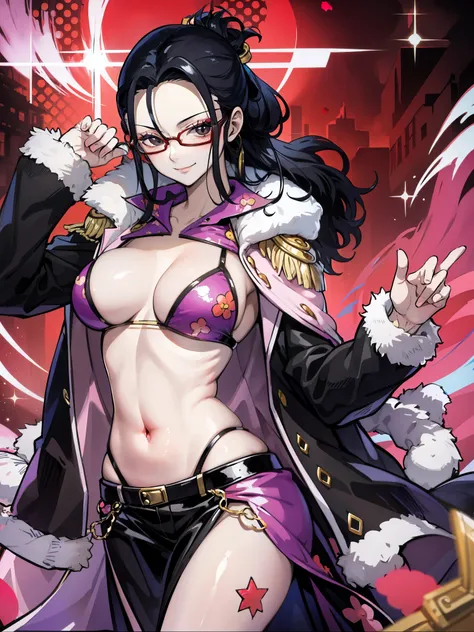 masterpiece, best quality, tashigi, black eyes, hair slicked back, glasses, belly dancer outfit, slave mark, cowboy shot, looking at viewer, medium breasts, seducing smile, pink coat