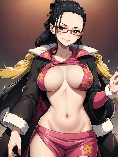 masterpiece, best quality, tashigi, black eyes, hair slicked back, glasses, belly dancer outfit, slave mark, cowboy shot, looking at viewer, medium breasts, seducing smile, pink coat