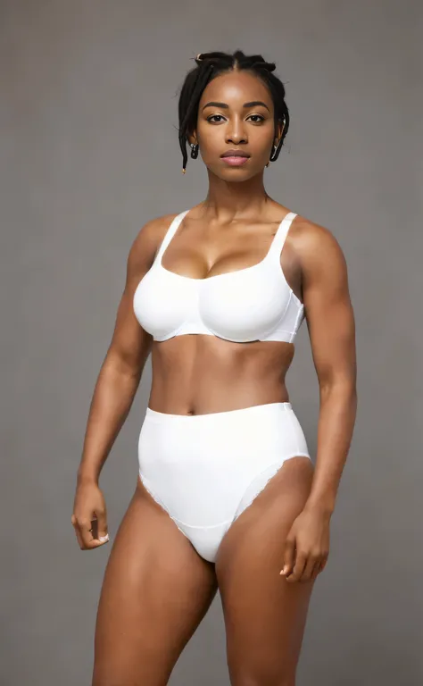 ((((masterpiece, best quality)))), ((32 year old)), (((athletic build))), ((Black woman with short black dreads)), in ((white bra)), (((white high cut cotton panties))), (((big hips))), smirking, Standing in front of a grey screen, (((photo realistic))), 