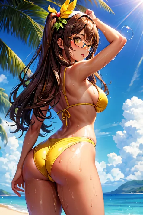 High resolution, high quality, 1 girl, anime girl, brown long hair, brown eyes, Green glasses, tanned skin, big breasts, (big ass),beautiful butt,sweat,wet,white highleg waitress,arms behind head,water,(lemon juice),(peach juice),at Beach,