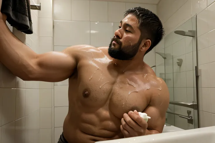 huge load of cum all over the face and body of a 33-year-old stocky chubby thick Japanese rugby player with short hair and beard in a mens room
