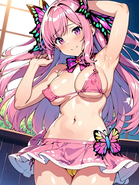 all realistic intricate details: "(1girl (masterpiece) (highest quality) (shiny hair) (shiny skin), bikini, skirt bikini, dancing princess, nakano nino, pink hair, hair ribbon, butterfly hair ornament,, see vagina, see nipples, uncensored, nsfw)"