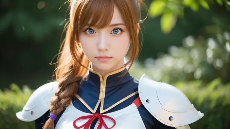 ((alone),masterpiece,highest quality,High resolution,realistic, photo realistic), KonoSuba,cosplay,knight,Japanese,Beautiful woman,24-years-old,big eyes,light blue eyes,looking at the camera,blonde,ponytail hair,red hair pin,red neck ribbon,White armor wit...