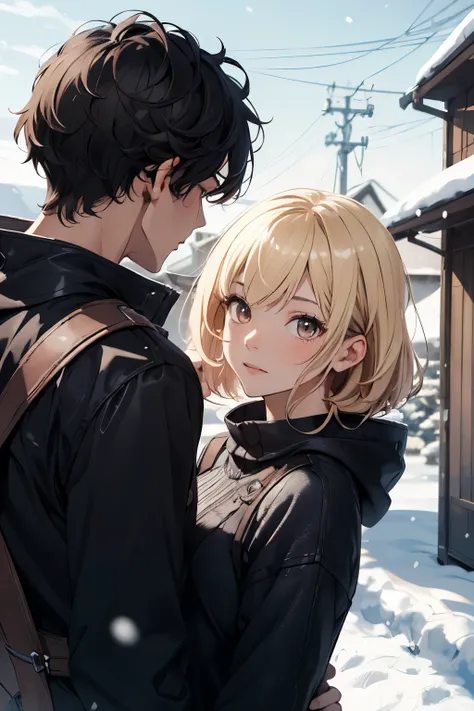 High Detail, Ultra Detail, Ultra High Resolution, 1guy, 1girl, male handsome prince with brown eyes and short black hair and wearing black clothes, snow, traveling with blonde girl princess 