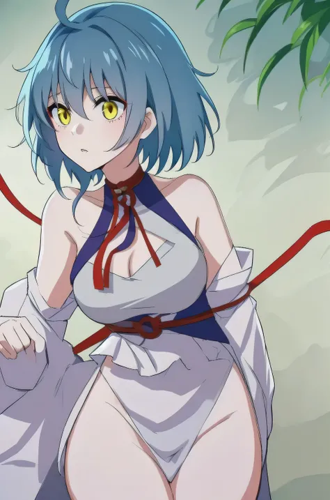 (masterpiece, best quality:1.2), 1girl, solo,blue hair, yellow eyes, taoist robe,white thights, red string, red choker
