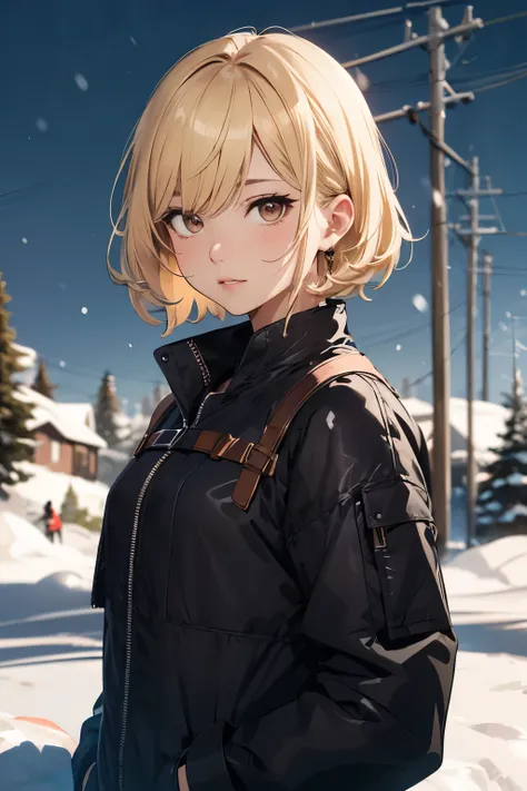 High Detail, Ultra Detail, Ultra High Resolution, 1guy, 1girl, male handsome prince with brown eyes and short black hair and wearing black clothes, snow, blonde girl, 