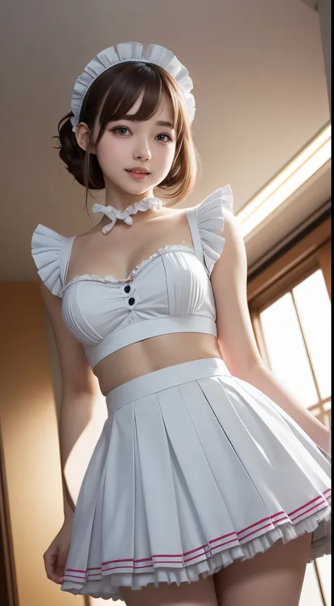 (1 young girl), brown hair, wonderful face and eyes, pink eyes, enchanting smile, (Frilled maid cafe outfit, pleated mini skirt:1.5), (Wide open maid cafe costume:1.2), bare chest, (amazingly beautiful girl), brown hair, stylish hair ornament, (highest qua...