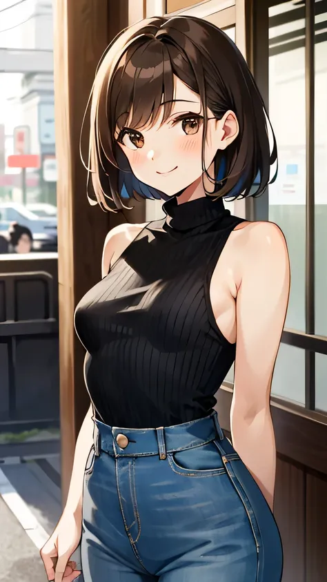 Brown haired young woman, beautiful, bob hair, brown eyes, small to medium breasts, smiling, sleeveless light brown turtleneck, high waisted denim pants, soft smile, Tokyo.