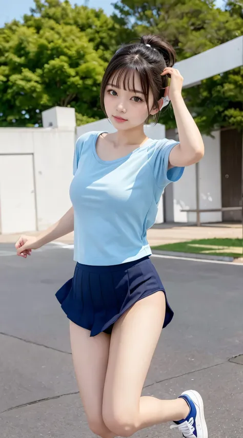 Japan girls, Japan, 18 year old girls, short hair, black hair, brown eyes, small breasts, perfect figure, perfect skin, , light blue shirt, navy blue skirt, underwear, Panty shot, sneakers, feeling jumping and bouncing happily, jumping, schoolyard,