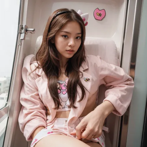 Jennie de Blackpink en elevador con una Hello Kitty rosa en la mano