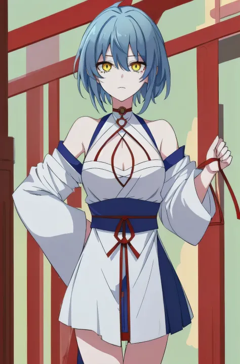 (masterpiece, best quality:1.2), 1girl, solo,blue hair, yellow eyes, taoist robe,white thights, red string, red choker
