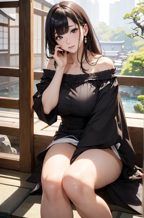 (((masterpiece))),(((High resolution)))、(((8K)))、(((perfect face)))、(((beauty of japan)))、40 years old、(((beautiful face))), (((off shoulder dress))),  Plump, embarrassed look, look at the camera、top quality eyes, detailed texture, look at the camera, big ...