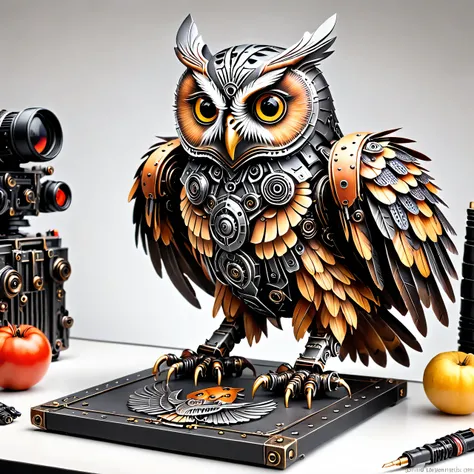 there is a small owl sitting on a table with a white background, hyperrealistic robot owl, spotted ultra realistic, chicken 🐔 mixed with owl, highly detailed creature, detailed big eyes, extremely detailed and lifelike, alien owl, highly realistic and deta...