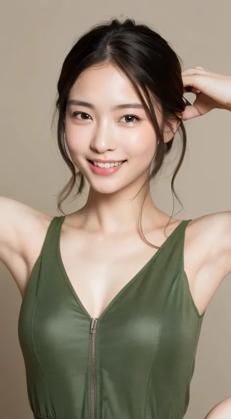 ((best image quality, 8K, masterpiece:1.3)), 1 girl, Beautiful woman with slender abs:1.3, (casual hairstyle, :1.2), sexy dress，Extra-fine face, detailed eye, double eyelid，With a smile。Let&#39;s take a photo with a cute pose，numbers are very bad，thin wais...