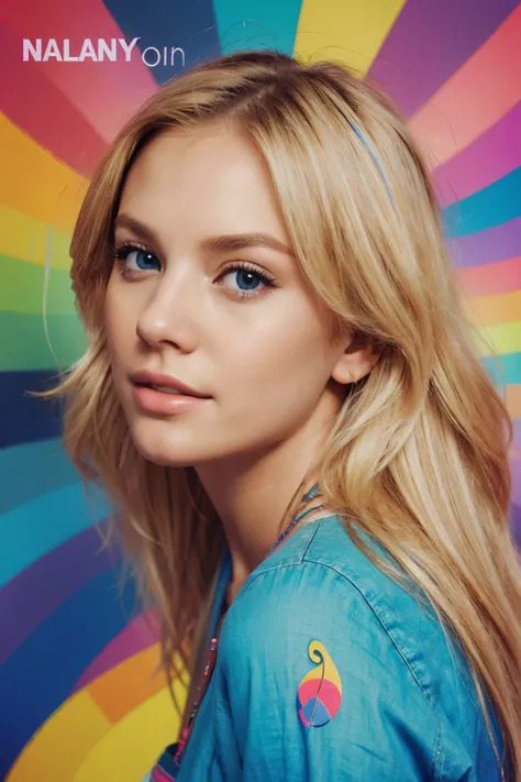 blond woman, pretty is singing with a colorful music related backround for album cover art