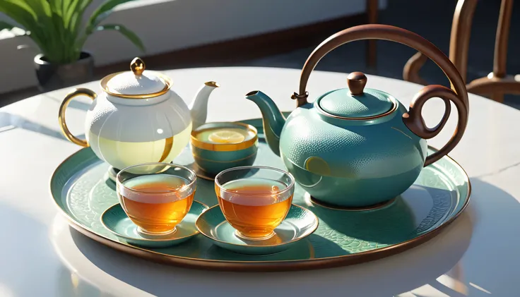 there is a tea pot and a teapot on a plate, elegant render, cinema 4d ray traced, high quality 3d render, high quality 3 d render, art nouveau octane render, high quality cg render, product render, high poly vray render, highly detailed render, raytraced r...
