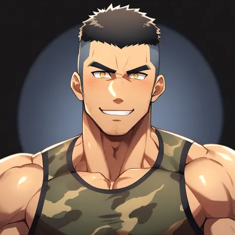 anime characters：gyee, fitness coach, 1 muscular tough guy, manliness, male focus, camouflage sleeveless t-shirt, very tight, sl...