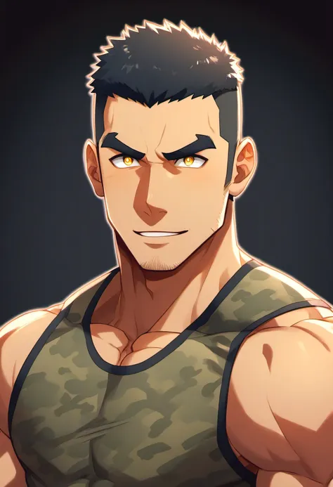 anime characters：gyee, fitness coach, 1 muscular tough guy, manliness, male focus, camouflage sleeveless t-shirt, very tight, sl...