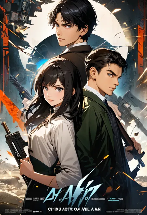 movie poster, young male detective and a woman in a Chinese dress back to back, with some elements of 007, battle manga,