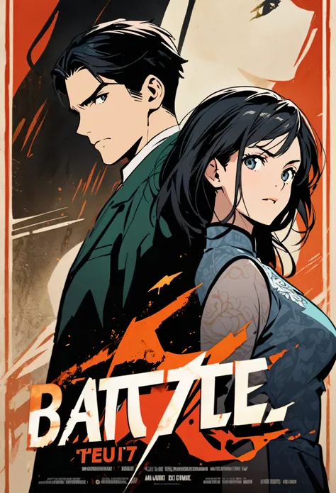 movie poster, young male detective and a woman in a Chinese dress back to back, with some elements of 007, battle manga,