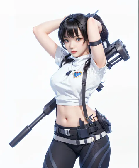 anime - style woman in white shirt and black pants holding a gun, inspired by leng mei, render of a cute 3d anime girl, trending...