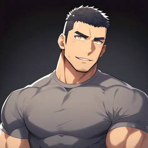 anime characters：gyee, fitness coach, 1 muscular tough guy, manliness, male focus, cement grey tight t-shirt, slightly transpare...