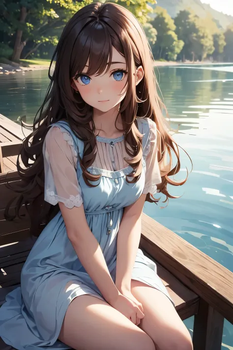 Girl with curly long brown hair and blue eyes wearing a beautiful dress sitting by the water