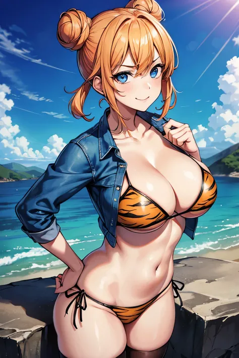 (masterpiece), best quality, expressive eyes, perfect face, 1girl, solo, tomboy, mature female, big breasts, short hair, cleavage, orange hair BREAK hair buns, double buns, blue eyes BREAK tiger print bikini, hands on hips, mountains, wasteland, rocks, day...