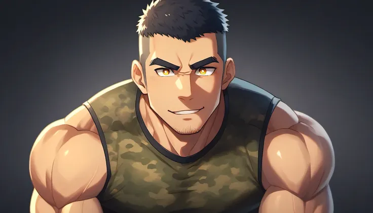 anime characters：gyee, fitness coach, 1 muscular tough guy, manliness, male focus, camouflage sleeveless t-shirt, very tight, sl...