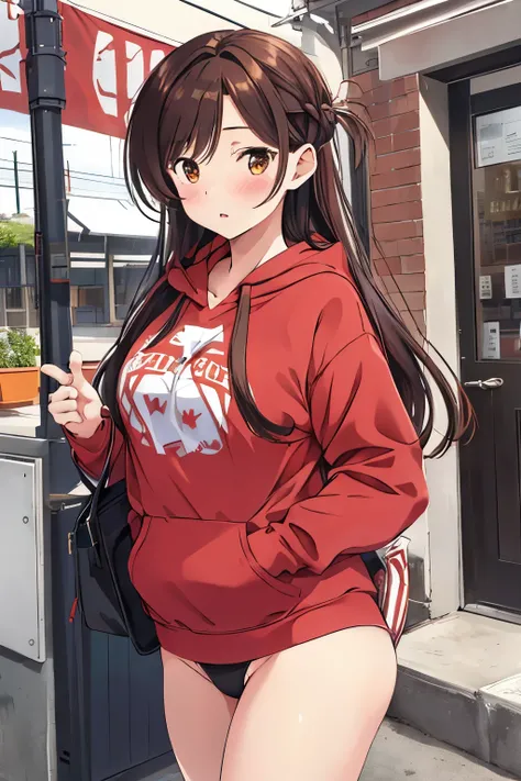 1 girl, alone, Chizuru Mizuhara, masterpiece, highest quality, 8k wallpaper, detailed and beautiful eyes, 1 girl, long hair, chest, looking at the viewer, blush, brown hair, brown eyes, large chest, medium hips, Baggy thighs, red hoodie,