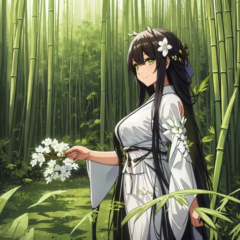 A woman wearing a white kimono with patterned green bamboo designs, long black hair, moss green eyes, white flower on her head, smiling, walking in a bamboo forest, with sun illuminating the place, dirt terrain with few grass, shadows detailed, HDR, master...