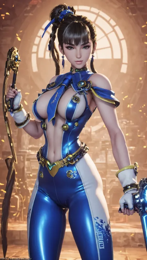 Eve wearing Chun Lis costume, Stellar Blade, large breast, thick thighs, curvy body,1girl,solo,heavy makeup,cute,earrings,ring braid,(lewd smile:1.1),holding mechanical sword,ponytail,idol,hooker, Chun Lis uniform,(battleground:1.1),