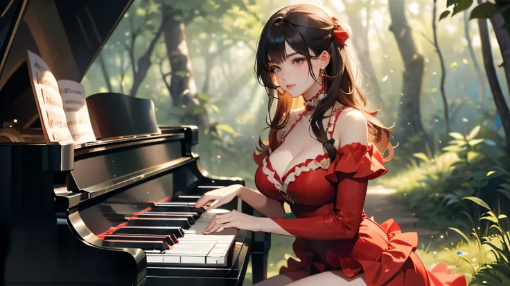 (((Masterpiece))),((top quality)),one beautiful girl,bangs、(long hair:1.5)、(((big breasts)))、belly button、23 years old、(Gorgeous red ruffled long dress:1.5)、race、See-through、Rose、 beautiful digital art work, beautiful fantasy art,(Playing the piano in the ...