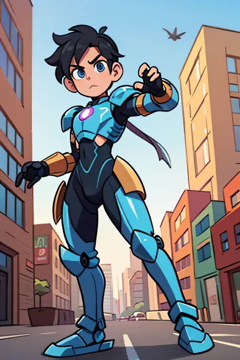 young male lightly tanned black hair blue eyes wearing technological armor in the middle of the city doing hero pose 4k detail