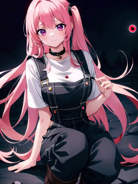 anime stillasterpiece、highest quality、1 female、My wife Yuna、long hair、pink hair、low twintails、smile、naked、red eye、(big breasts:1.5)、1 female、black choker、dark gray、(overalls:1.25)、Leather gloves、black boots、((night:1.5))、(forestの中を追いかける BY yuno gasai)、moon...