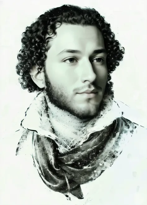 portrait of a man with a scarf, portrait of alexander pushkin, (((curly hair))), ((sideburns)), (((masterpiece))), black and whi...