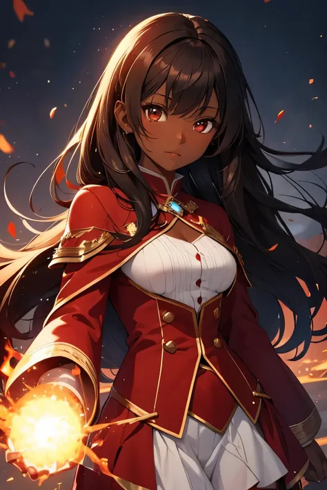 Dark skin girl with straight brown hair with side bangs and honey eyes wearing a beautiful red mage outfit. She has fire powers