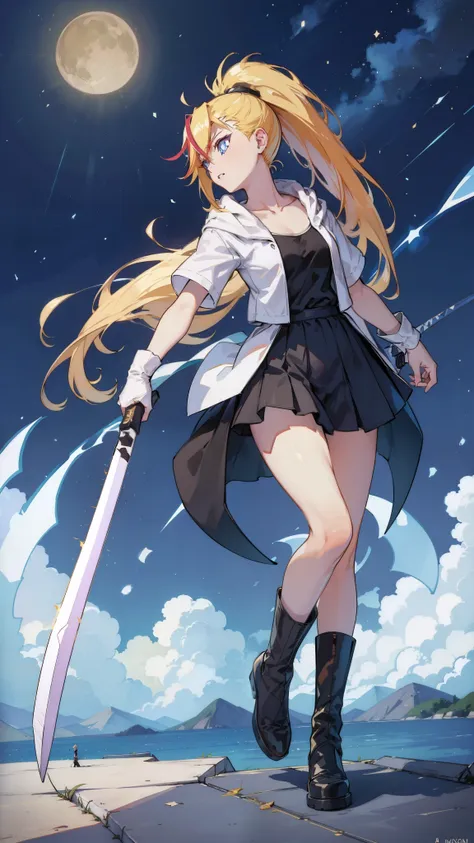 1 girl, ultra long hair, ultra detailed face, glowing lips, glowing blue eyes, very long ponytail, elegant walk, catwalk, holding down a  giant katana, blonde, long eyelashes, long boots , looking to the sky, starry sky, a ultra giant katana 